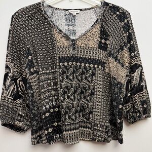 Westbound Black and Beige Patchwork Print Blouse